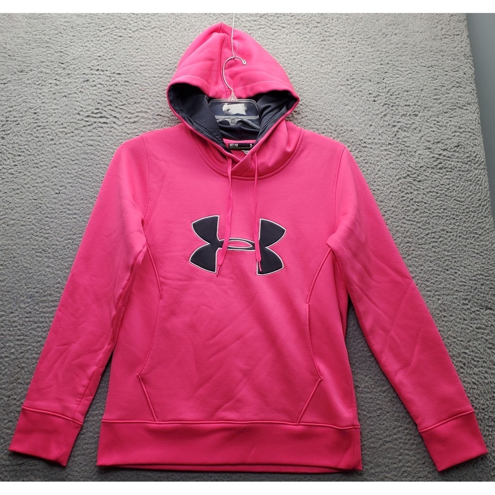 Under Armour Hoodie Womens M Pink Fleece Lined Patch Logo Long Sleeve Pullover